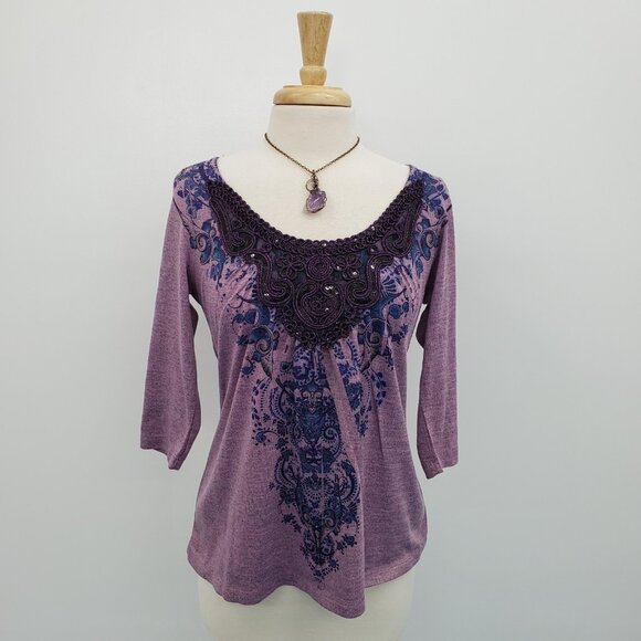 Live and Let Live Purple Embellished Boho Top Womens S Paisley Print 3/4 Sleeve - Picture 2 of 16